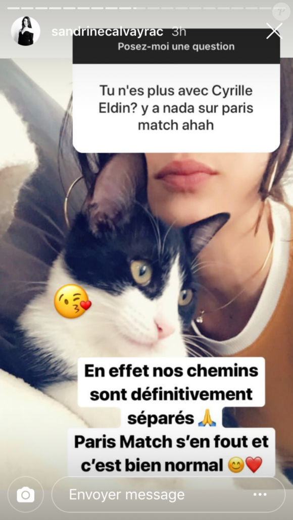 Sandrine Clavayrac annonce sa rupture avec Cyrille Eldin en story sur Instagram lundi 7 janvier 2019.