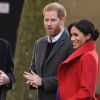 Le prince Harry, duc de Sussex, et Meghan Markle (enceinte), duchesse de Sussex, arrivent à Birkenhead, le 14 janvier 2019.