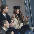 Kevin Trapp et sa fiancée Izabel Goulart dans les tribunes du Parc des Princes lors du match de football de ligue 1 opposant le Paris Saint-Germain (PSG) au Stade rennais FC à Paris, le 27 janvier 2019. Le PSG a gagné 4-1.
