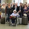 Exclusif - Michaël Gregorio, guest, Annie Lemoine, Michèle Bernier, Raphaël Mezrahi, Laurent Ruquier, Claude Sarraute, Christophe Beaugrand, Valérie Mairesse et Titoff - La bande à Ruquier arrive à la gare de St-Pancras à Londres pour fêter les 90 ans de C. Sarraute - Londres le 23 juin 2017