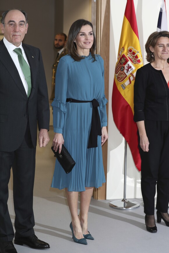 La reine Letizia d'Espagne (robe Zara) lors de la remise des bourses de la Fondation Iberdrola à Madrid le 31 janvier 2019.