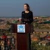 Angelina Jolie parle lors d'une conférence de presse de l'UNHCR au Bangladesh le 5 février 2019