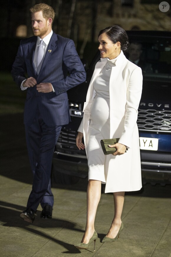 Le prince Harry et Meghan Markle, enceinte, arrivent au musée d'histoire naturelle pour assister à la soirée de gala The Wilder Earth à Londres le 12 février 2019.