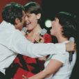 Julien Clerc fête son anniversaire sur scène au Palais des sports avec ses filles Angèle Herry Leclerc et Jeanne Herry, le 3 octobre 1997.