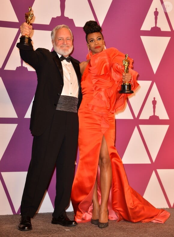 Jay R. Hart et Hannah Beachler (Oscar des meilleurs décors pour le film "Black Panther") - Pressroom de la 91ème cérémonie des Oscars 2019 au théâtre Dolby à Los Angeles, le 24 février 2019.