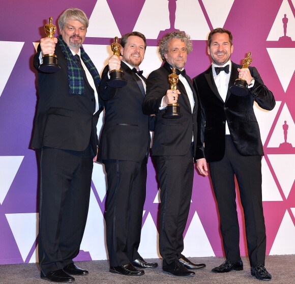 Paul Lambert, Ian Hunter, Tristan Myles, J.D. Schwalm (Oscar des meilleurs effets visuels pour le film "First Man : Le Premier Homme sur la Lune") - Pressroom de la 91ème cérémonie des Oscars 2019 au théâtre Dolby à Los Angeles, le 24 février 2019.