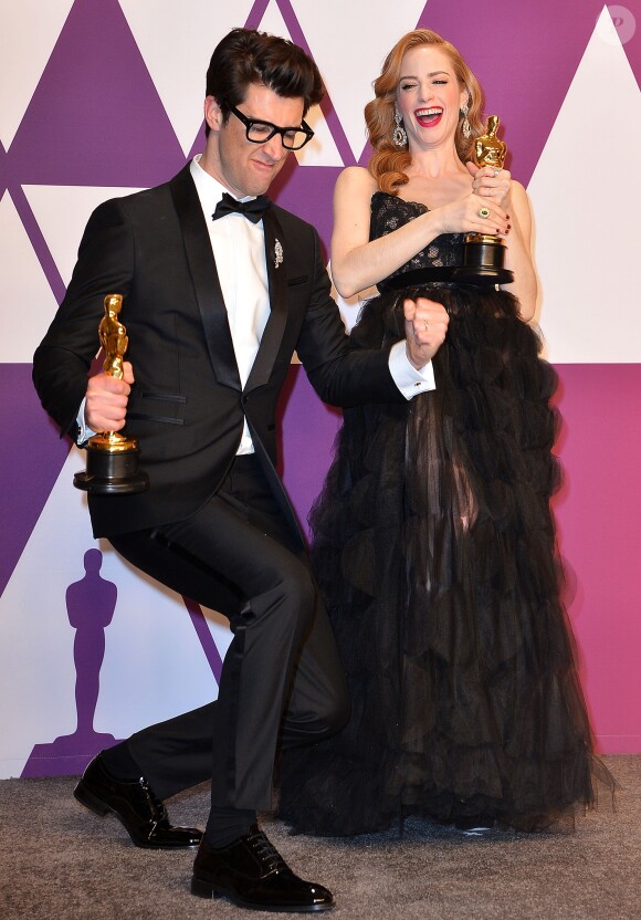 Guy Nattiv et Jaime Ray Newman (Oscar du meilleur court métrage de fiction pour le film "Skin") - Pressroom de la 91ème cérémonie des Oscars 2019 au théâtre Dolby à Los Angeles, le 24 février 2019.