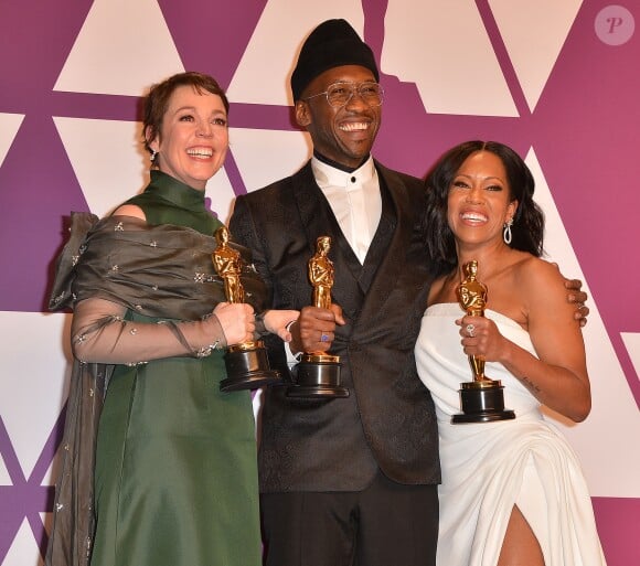 Olivia Colman (Oscar de la meilleure actrice pour le film "La Favorite"), Mahershala Ali (Oscar du meilleur acteur dans un second rôle pour le film "Green Book : Sur les routes du sud"), Regina King (Oscar de la meilleure actrice dans un second rôle pour le film "Si Beale Street pouvait parler") - Pressroom de la 91ème cérémonie des Oscars 2019 au théâtre Dolby à Los Angeles, le 24 février 2019.