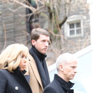 La première dame Brigitte Macron et Franck Riester, ministre de la Culture, lors des obsèques de Michel Legrand en la cathédrale orthodoxe Saint-Alexandre-Nevsky à Paris, le 1er février 2019.