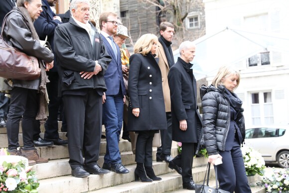 La première dame Brigitte Macron et Franck Riester, ministre de la Culture, lors des obsèques de Michel Legrand en la cathédrale orthodoxe Saint-Alexandre-Nevsky à Paris, le 1er février 2019.