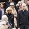 La première dame Brigitte Macron et Franck Riester, ministre de la Culture, lors des obsèques de Michel Legrand en la cathédrale orthodoxe Saint-Alexandre-Nevsky à Paris, le 1er février 2019.