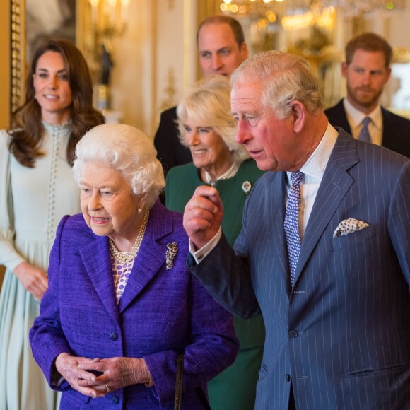 Le prince William, duc de Cambridge, Kate Catherine Middleton, duchesse de Cambridge, Camilla Parker Bowles, duchesse de Cornouailles, la reine Elisabeth II et le prince Charles - La famille royale d'Angleterre lors de la réception pour les 50 ans de l'investiture du prince de Galles au palais Buckingham à Londres. Le 5 mars 2019