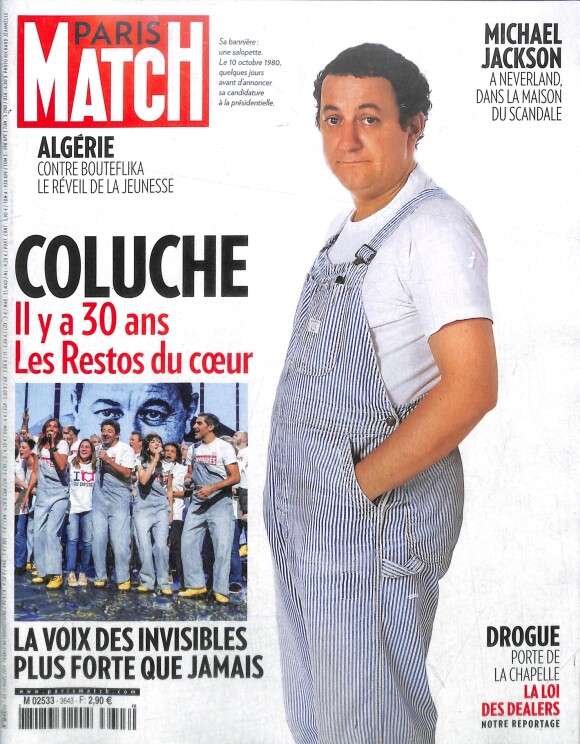 Coluche et "Les Enfoirés" à la Une du magazine "Paris Match", en kiosques jeudi 7 mars 2019.