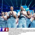 La troupe des Enfoirés sur scène pour le spectacle "Le Monde des Enfoirés" enregistré en janvier à l'Arkéa Arena de Bordeaux et diffusé le 8 mars 2019 sur TF1.