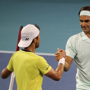 Roger Federer a eu du mal à se défaire du Moldave Radu Albot, le 23 mars 2019, pour son entrée en lice dans le Masters 1000 de Miami.