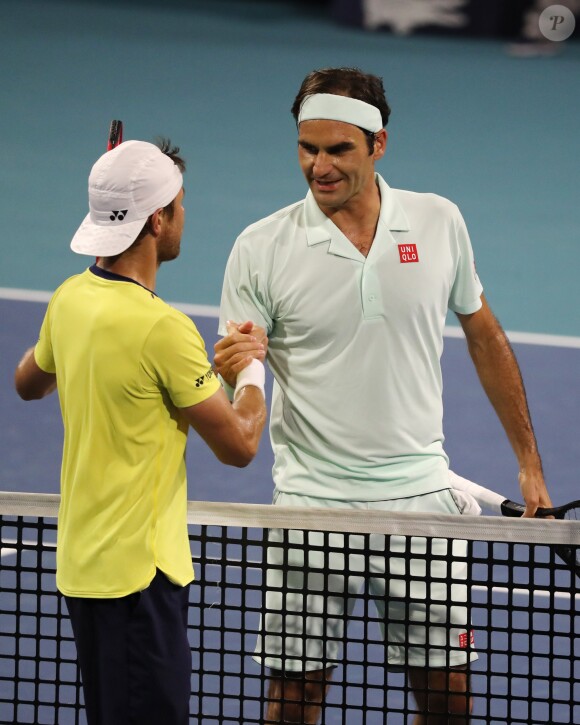 Roger Federer a eu du mal à se défaire du Moldave Radu Albot, le 23 mars 2019, pour son entrée en lice dans le Masters 1000 de Miami.