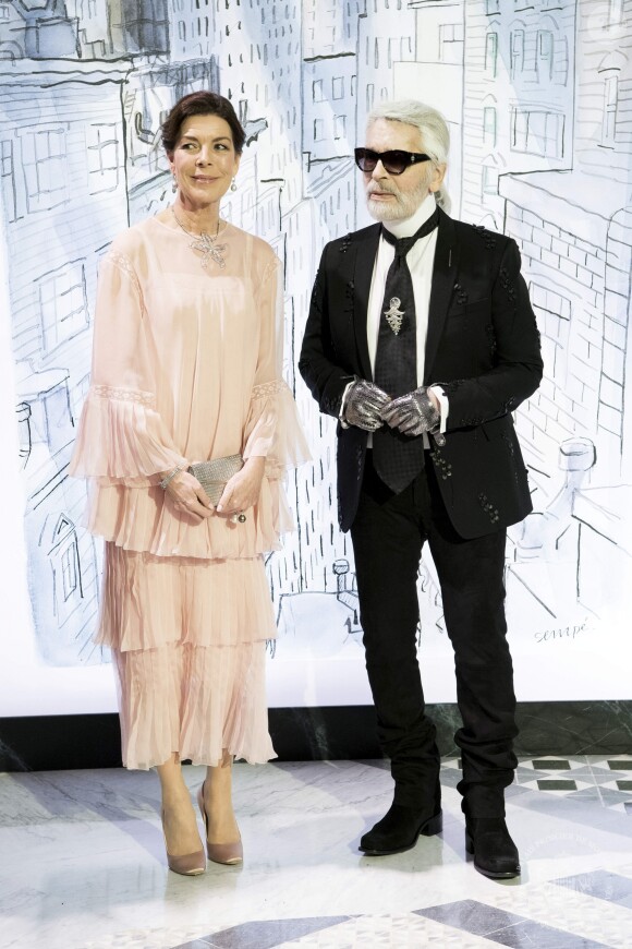 SAR La Princesse Caroline de Hanovre et Karl Lagerfeld - 64ème Bal de la Rose sur le thème de Manhattan, imaginé par K.Lagerfeld, au profit de la Fondation Princesse Grace, dans la Salle des Etoiles au Sporting Monte Carlo à Monaco. Le 24 mars 2018 © Pierre Villard / Palais Princier / SBM via Bestimage