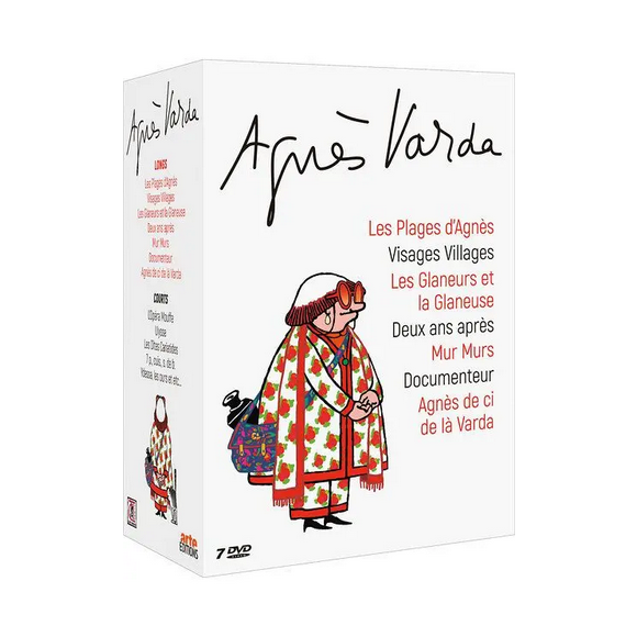 Le coffret vidéo Agnès Varda, avec le dessin qui a été reproduit sur les badges portés par les invités de son hommage à la Cinémathèque française le 2 avril 2019