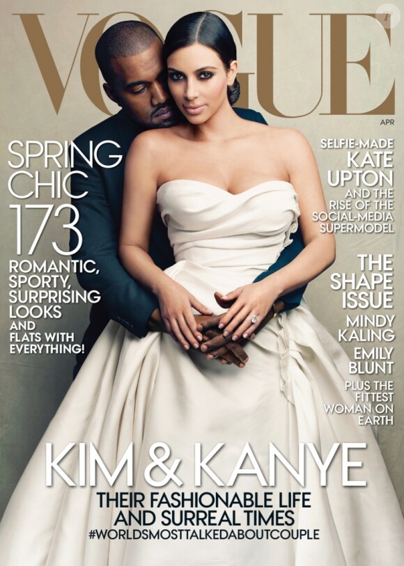 Kim Kardashian et Kanye West, photographiés par Annie Leibovitz pour le magazine Vogue. Avril 2014.