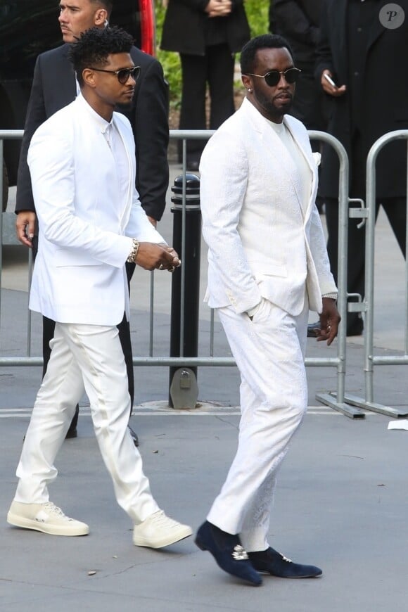 Usher et Diddy - Obsèques de Nipsey Hussle (de son vrai nom Ermias Asghedom) au Staples Center à Los Angeles, le 11 avril 2019.