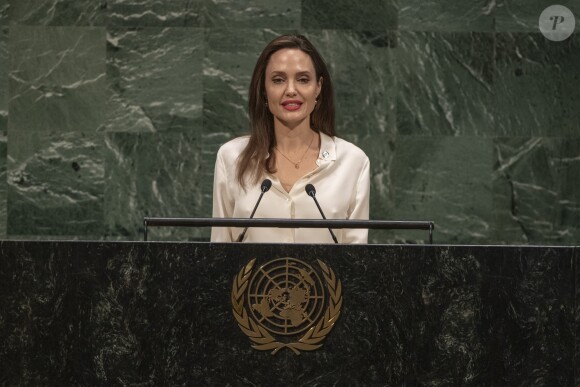 Angelina Jolie parle à la tribune de l'ONU à New York le 29 mars 2019.