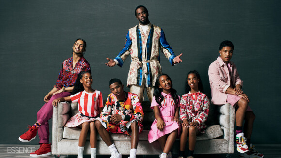 Diddy et ses enfants Quincy, D'Lila, Christian, Chance, Jessie et Justin posent pour le magazine Essence. Avril 2019. Photo par Dana Scruggs.