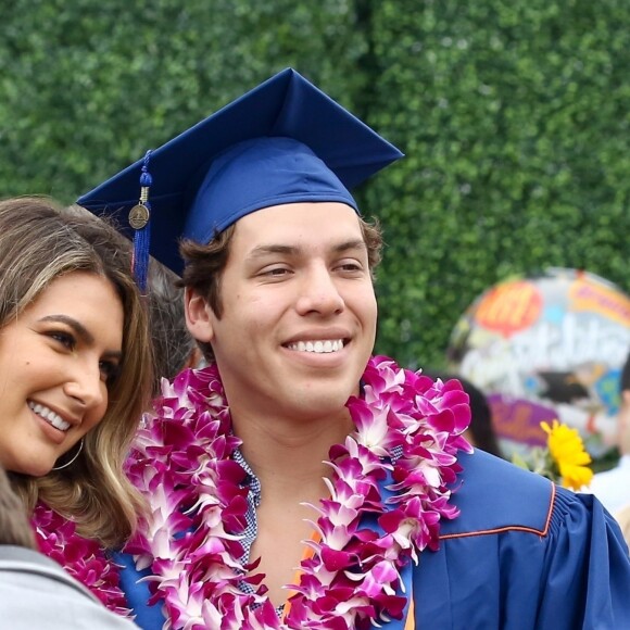 Exclusif - Arnold Schwarzenegger était présent pour son fils illégitime Joseph Baena, qui recevait son diplôme (en présence aussi de sa mère Mildred Patricia Baena) de la Pepperdine University à Malibu, Los Angeles, le 27 avril 2019.