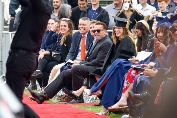 Exclusif - Arnold Schwarzenegger était présent pour son fils illégitime Joseph Baena, qui recevait son diplôme (en présence aussi de sa mère Mildred Patricia Baena) de la Pepperdine University à Malibu, Los Angeles, le 27 avril 2019.