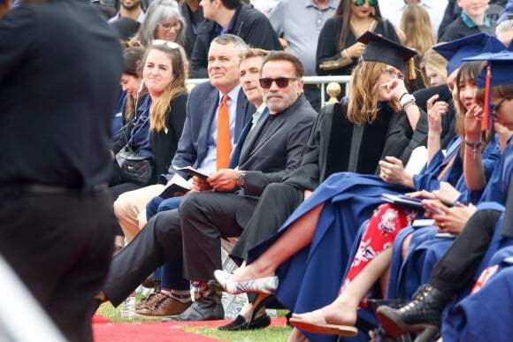 Exclusif - Arnold Schwarzenegger était présent pour son fils illégitime Joseph Baena, qui recevait son diplôme (en présence aussi de sa mère Mildred Patricia Baena) de la Pepperdine University à Malibu, Los Angeles, le 27 avril 2019.