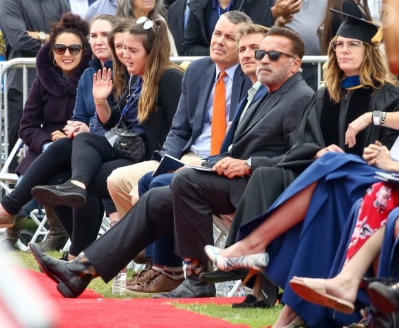 Exclusif - Arnold Schwarzenegger était présent pour son fils illégitime Joseph Baena, qui recevait son diplôme (en présence aussi de sa mère Mildred Patricia Baena) de la Pepperdine University à Malibu, Los Angeles, le 27 avril 2019.