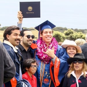 Exclusif - Arnold Schwarzenegger était présent pour son fils illégitime Joseph Baena, qui recevait son diplôme (en présence aussi de sa mère Mildred Patricia Baena, avec le chapeau blanc) de la Pepperdine University à Malibu, Los Angeles, le 27 avril 2019.