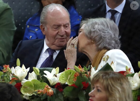 Le roi Juan Carlos Ier et la reine Sofia d'Espagne dans les tribunes du Masters 1000 de Madrid, le 11 mai 2019.