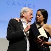 Alain Delon (avec un badge Paris Match d'une ancienne couverture du magazine titrant "Alain Delon, mes deux amours, Rosalie et Anouchka) et sa fille Anouchka (Robe Elie Saab) - Remise de la Palme d'Honneur à Alain Delon lors du 72ème Festival International du Film de Cannes. On may 19th 2019 © Jacovides-Moreau / Bestimage