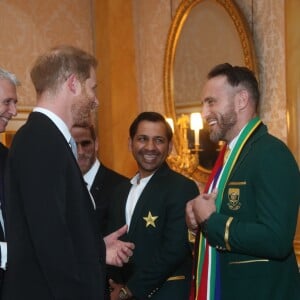 Le prince Harry a rencontré les capitaines des équipes de cricket en lice pour la Coupe du monde lors de la garden party donnée à Buckingham Palace par la reine Elizabeth II le 29 mai 2019.