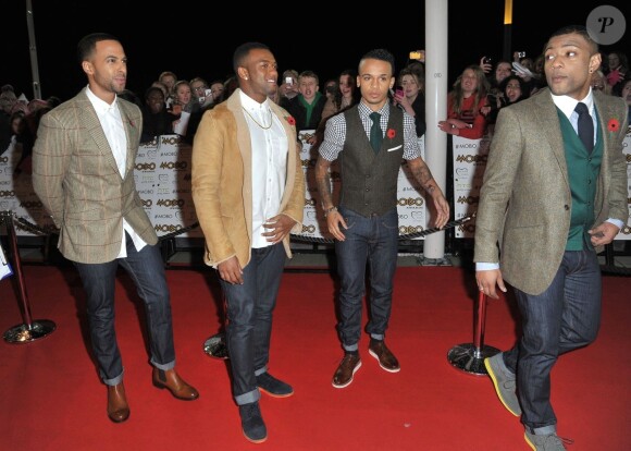 Le groupe JLS (Marvin Humes, Oritsé Williams, Aston Merrygold et JB Gill) aux MOBO Awards a Liverpool le 3 Novembre 2012.