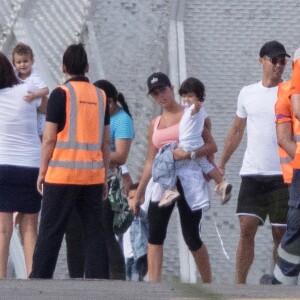 Exclusif - Cristiano Ronaldo, sa compagne Georgina Rodriguez et ses enfants Alana Martina dos Santos Aveiro, Cristiano Jr, Eva Maria Dos Santos, Mateo Ronaldo embarquent dans un jet privé après avoir passé une semaine au dans l'hôtel cinq étoiles Westin Resort Costa Navarino, à l'aéroport de Kalamata en Grèce, le 18 juin 2019.