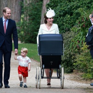 Le prince William, Catherine Kate Middleton, la duchesse de Cambridge, leur fils le prince George de Cambridge et leur fille la princesse Charlotte de Cambridge - Sorties après le baptême de la princesse Charlotte de Cambridge à l'église St. Mary Magdalene à Sandringham, le 5 juillet 2015.