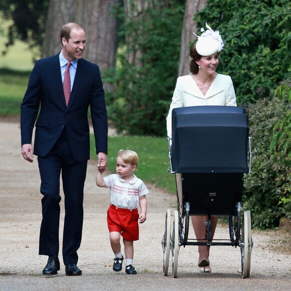 Le prince William, Catherine Kate Middleton, la duchesse de Cambridge, leur fils le prince George de Cambridge et leur fille la princesse Charlotte de Cambridge - Sorties après le baptême de la princesse Charlotte de Cambridge à l'église St. Mary Magdalene à Sandringham, le 5 juillet 2015.