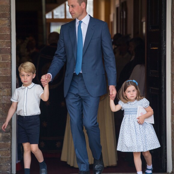 Le prince William, duc de Cambridge, et ses enfants, la princesse Charlotte, le prince George et le prince Louis - La famille royale d'Angleterre lors du baptême du prince Louis en la chapelle St James à Londres. Le 9 juillet 2018.