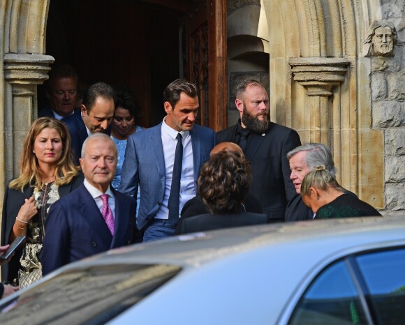 Exclusif - Roger Federer et sa femme Mirka - Mariage de Katharine McPhee et David Foster en l'église arménienne St Yeghiche à Londres, Royaume Uni, le 28 juin 2019.
