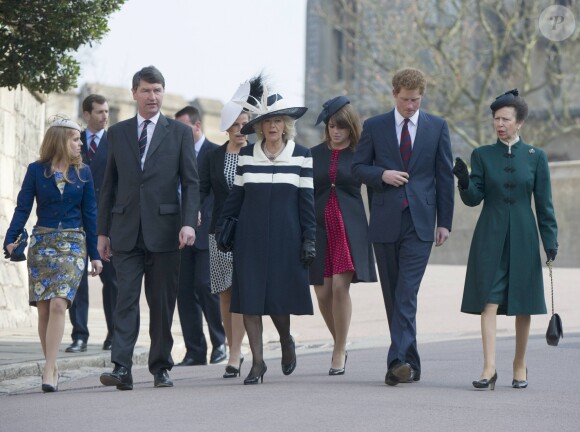 Le vice-amiral Tim Laurence (à gauche) et la princesse Anne (à droite) le 30 mars 2012 à Windsor lors d'une messe à la mémoire de la reine mère et de la princesse Margaret.