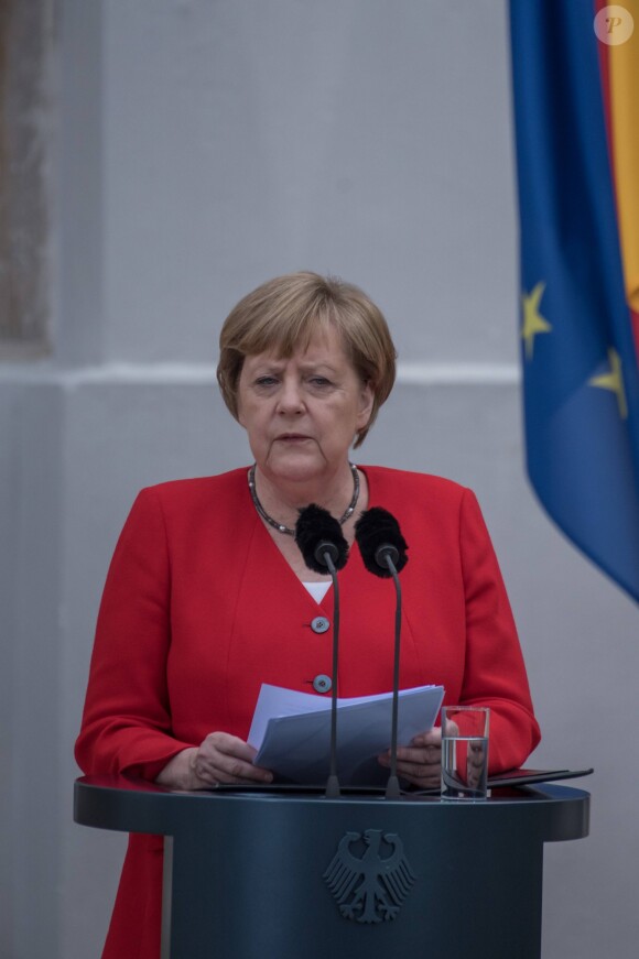 La chancelière allemande Angela Merkel - Réception avec le corps diplomatique allemand à Meseberg. Le 9 juillet 2019