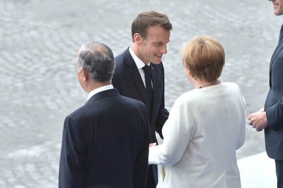 Emmanuel Macron (président de la République Française), Angela Merkel (chancelière d'Allemagne) et son mari Joachim Sauer lors du 139ème défilé militaire du 14 Juillet sur les Champs-Elysées, le jour de la Fête Nationale. Paris, le 14 juillet 2019. © Lemouton-Gorassini-Perusseau/Bestimage