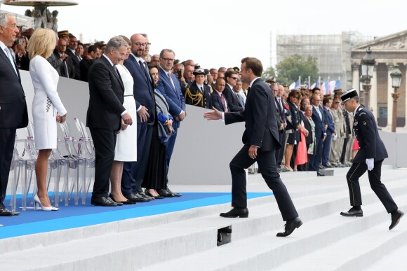 Emmanuel Macron, président de la République Française, la Première dame Brigitte Macron, Edouard Philippe, Premier ministre, Sauli Niinistö (Premier ministre Finlandais), et sa femme Jenni Haukio, Charles Michel, Premier ministre de la Belgique, Richard Ferrand, président de l'Assemblée nationale, lors du 139ème défilé militaire du 14 juillet sur les Champs-Elysées, jour de la Fête Nationale. Paris, le 14 juillet 2019. © Stéphane Lemouton/Bestimage