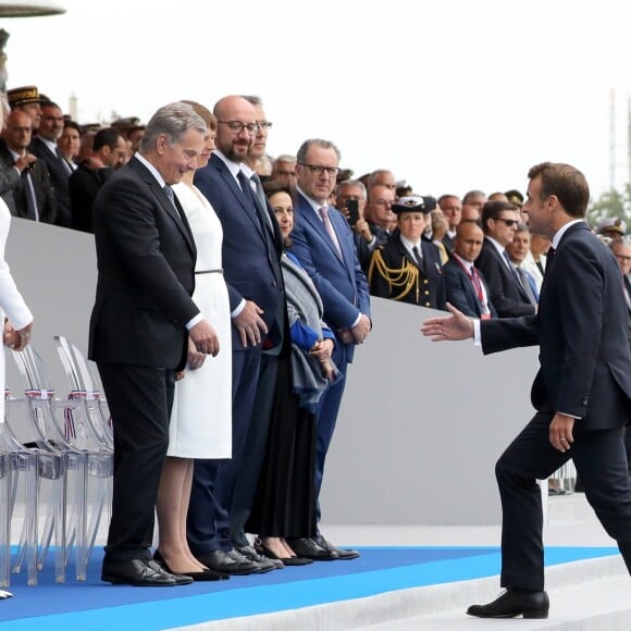 Emmanuel Macron, président de la République Française, la Première dame Brigitte Macron, Edouard Philippe, Premier ministre, Sauli Niinistö (Premier ministre Finlandais), et sa femme Jenni Haukio, Charles Michel, Premier ministre de la Belgique, Richard Ferrand, président de l'Assemblée nationale, lors du 139ème défilé militaire du 14 juillet sur les Champs-Elysées, jour de la Fête Nationale. Paris, le 14 juillet 2019. © Stéphane Lemouton/Bestimage