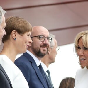 La Première dame Brigitte Macron, Charles Michel, Premier ministre de la Belgique, lors du 139ème défilé militaire du 14 juillet sur les Champs-Elysées, jour de la Fête Nationale. Paris, le 14 juillet 2019. © Stéphane Lemouton/Bestimage