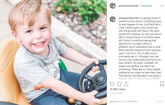 Amber Smith révèle sur Instagram que son fils River, mort le 6 juin 2019 après s'être noyé dans la piscine familiale, a sauvé deux vies en donnant ses organes. Instagram le 14 juillet 2019.