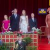 Le roi Philippe de Belgique, la reine Mathilde de Belgique et leurs enfants la princesse Eléonore, le prince Gabriel, la princesse héritière Elisabeth et le prince Gabriel lors de la parade militaire de la Fête nationale belge, le 21 juillet 2019 à Bruxelles.