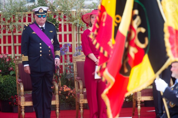 Le prince Laurent et la princesse Claire de Belgique lors de la parade militaire de la Fête nationale belge, le 21 juillet 2019 à Bruxelles.