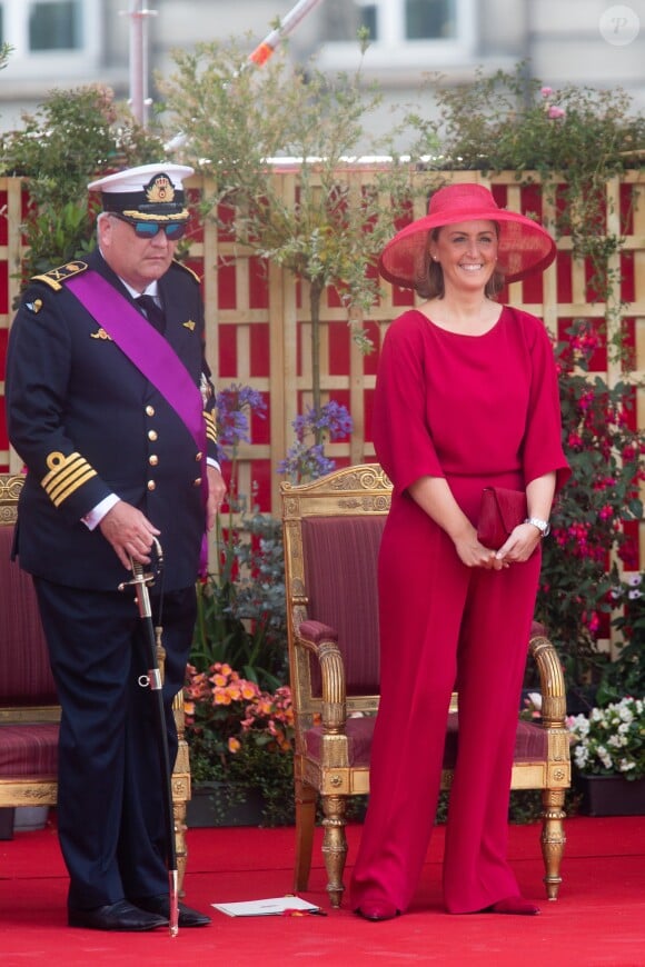 Le prince Laurent et la princesse Claire de Belgique au défilé militaire de la Fête nationale belge, le 21 juillet 2019 à Bruxelles.